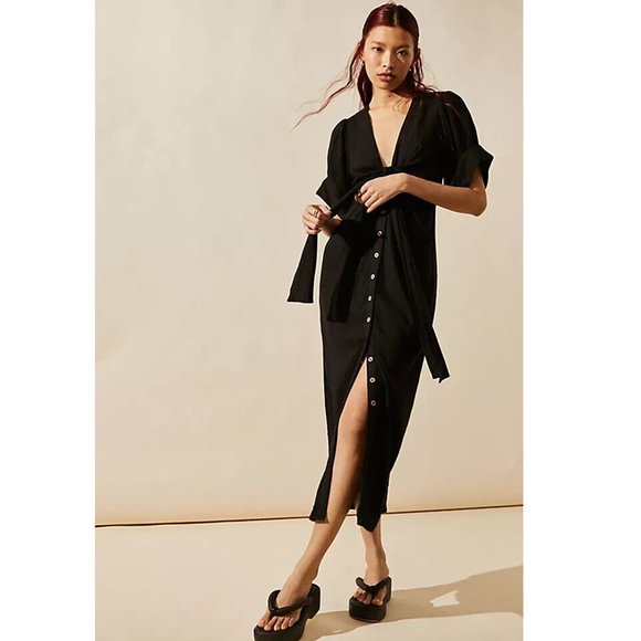 Free People Free-est Vintage Summer Midi Dress Buttondown Black Ruched - Picture 2 of 8